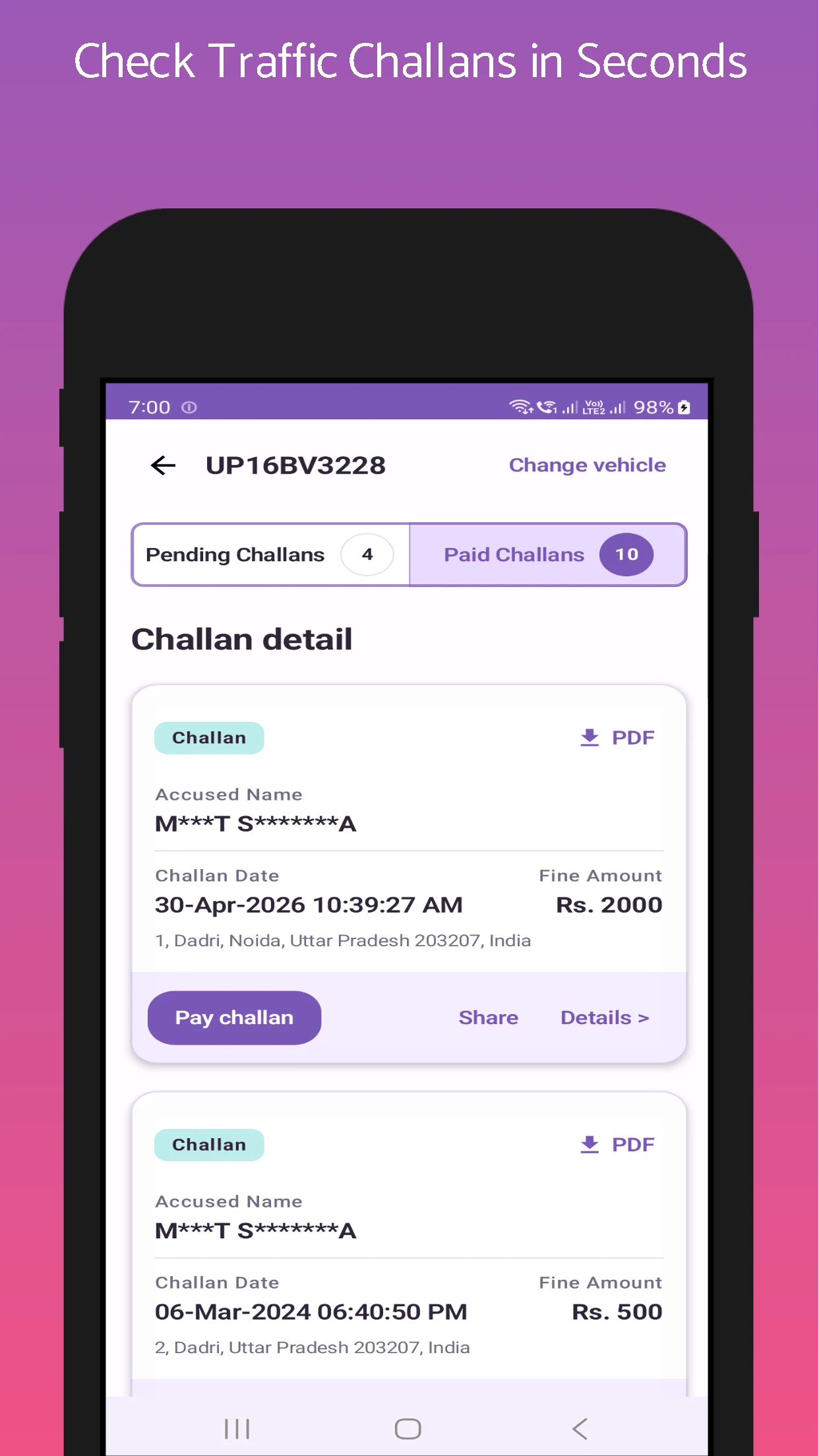Challan Info - Vehicle Info screenshot